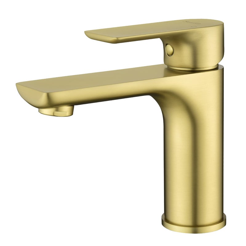 SHAMANDA Brass Bathroom Faucet, Single Handle One Hole Brushed Gold Bathroom Sink Faucet with cUPC Water Supply Lines, LB201-3 - Image 1